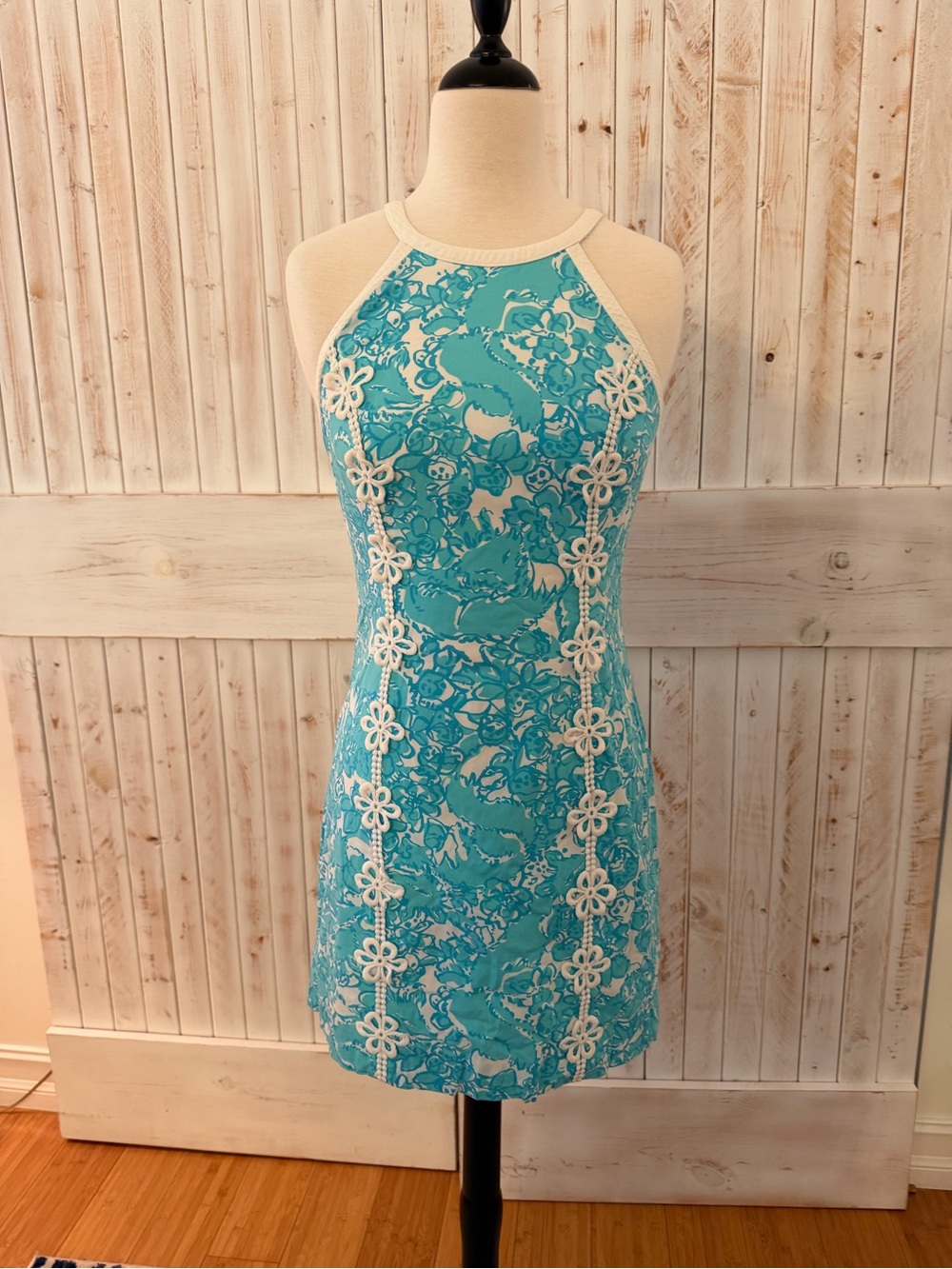 Lilly Pulitzer Turquoise Lace Halter Dress with White Floral Trim